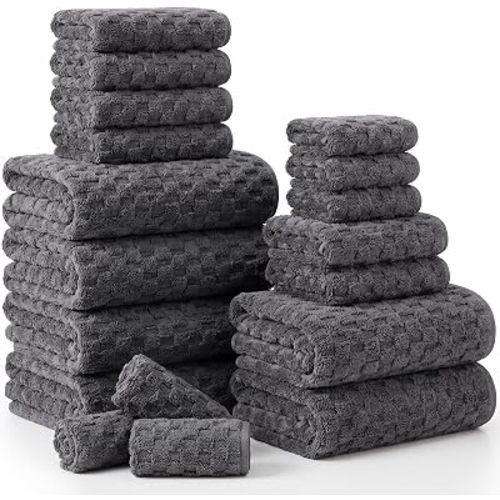 18 Pcs Soft Microfiber Baths Towel Set Include 6 Bath Towel,6 Hand Towels,6 Washcloth Bath Towels and Washcloth Set Coral Fleece Bathroom Sets with Hanging Loop for Family (Dark Gray)