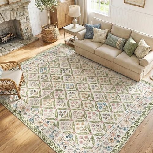 jinchan 8x10 Vintage Floral Washable Large Living Room Area Rug, Sage Green | Soft & Lightweight, Checkered Floral, Low Pile, Non Slip, Bedroom, Dining Room, Girls Room, Home Office, Cottage Decor