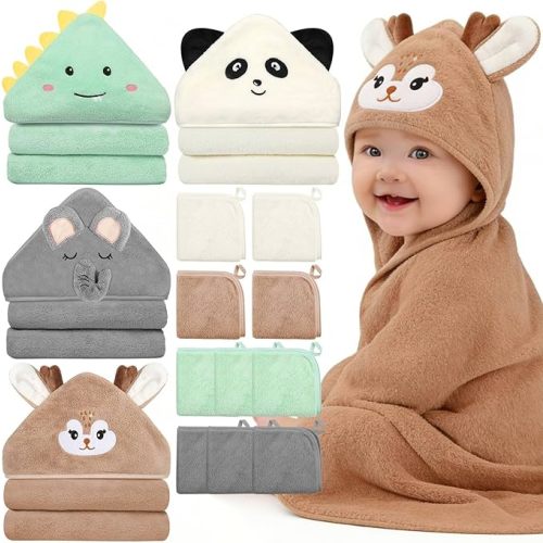 Flasoo 14 Pcs Baby Towels Set, Baby Towels and Washcloths Set,4 Pcs 32x32 in Cute Hooded Bath Towel & 10 Pcs Baby Washcloths for Infants, Toddlers and Kids - Dinosaurs, Pandas, Elephants & Moose