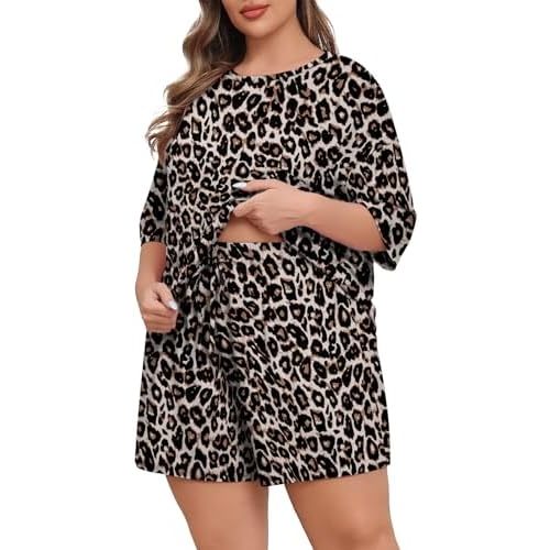 Lastshe Womens Plus Size Pajama Set 2 Piece Soft Short Sleeve with Pockets Summer Shorts Sleepwear Knit Pjs Lounge Set