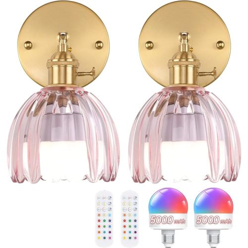 Shenmoyl Vintage 5000 mAh Battery Operated Wall Sconce with Pink Clear Tulip Glass Lampshade Rechargeable Battery Powered Wall Light with Remote Control for Bedroom Doorway, Set of 2