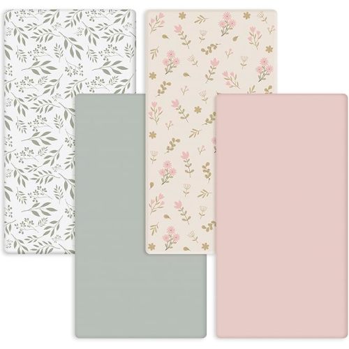 4 Pack Boho Floral Baby Crib Fitted Sheet for Girls 52'' x 28'' Pink Floral Green Leaf Stretchy Fitted Crib Mattress Sheet Wildflower Baby Bedding for Standard Mattress Gift Set