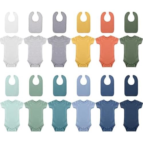 Hillban 24 Pcs Unisex Cotton Short Sleeve Bodysuits Baby Bibs Set for Baby Shower