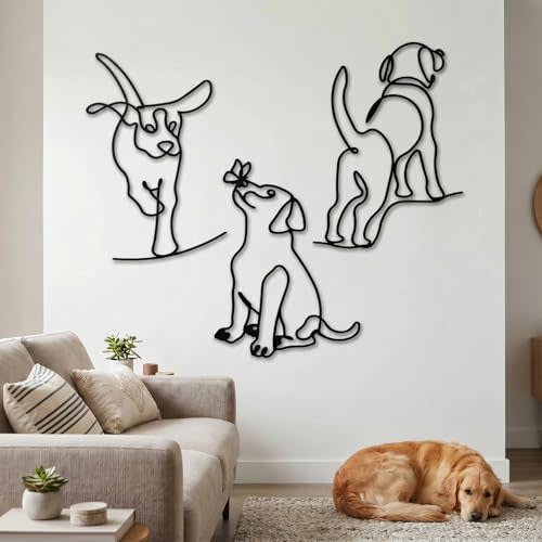 BrightRow 3 Pcs Dog Wall Art Minimalist Abstract Pet Line Drawing Decor Black Metal Modern Pet Sculptures Dog Lover Gifts for Living Room Bedroom Kitchen Wall Decorations(Puppy A)