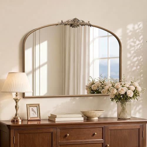 Besdomus Vintage Arched Gold Mirror: 40"x29" French Large Brass Antique Wall Vanity Mirror - Decorative Baroque Traditional Ornate for Entryway/Fireplace/Bathroom/Bedroom - Ideal for Home Renovations