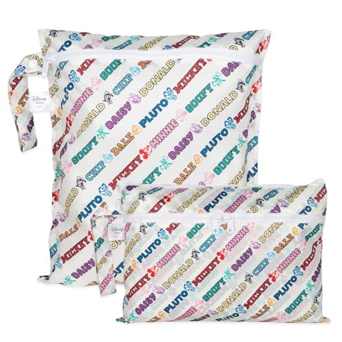 Bumkins - Waterproof Wet Bag & Wet/Dry Clutch Bags - For Beach, Baby, Travel, Swim Suit, Cloth Diapers, Pump Parts, Pool, Gym, Toiletries - Reusable & Easy to Clean - Mickey and Friends White - 2 Pack