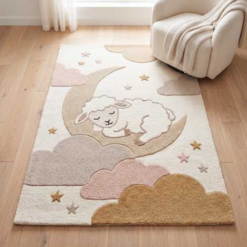 Nursery Moon Lamb Rug, Handmade Tufted Kids Room Carpet in Neutral Beige Pink Cloud Design