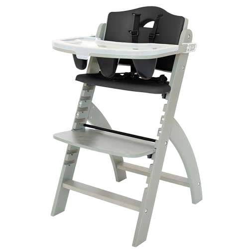 Abiie Beyond Junior Wooden High Chair with Tray - Adjustable and Convertible High Chair for Babies and Toddlers - 6 Months to 250 Lb - Water Resistant - Misty Grey Wood with Black Pearl Cushion