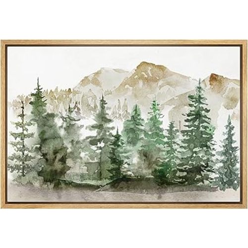wall26 Framed Canvas Print Wall Art Watercolor Mountain Forest Landscape Nature Wilderness Illustrations Modern Rustic Scenic Colorful for Living Room, Bedroom, Office - 24x36 Natural