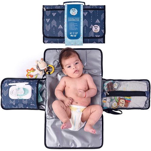 Portable Diaper Changing Pad by Meraki Baby | Waterproof Station Mat Ideal Travel Kit | Easy to Clean | Large Storage Pockets for Wipes Creams Essentials | Built-in Cushion Pillow | Toy Loop |BPA Free