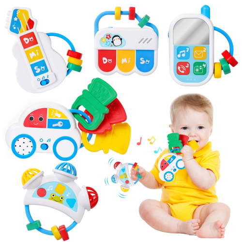 5in1 Baby Sensory Toys 0-6 Month, Baby Musical Rattle Teething Toys 3-6 Month, Early Educational Activity Travel Learning Toy 6-12 Months, Montessori Newborn Shower Gifts for 1 2 Year Old Boys Girls