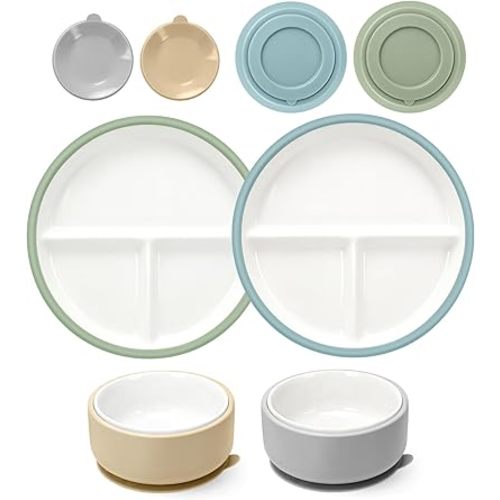 Porcelain 8.4” Kid Plates and Bowls with Silicone Sleeves Suction | Divided Ceramic Baby Plates Bowls | Microwave & Dishwasher Safe | Non Slip Dinnerware | Snack Dishes | 4 Pack