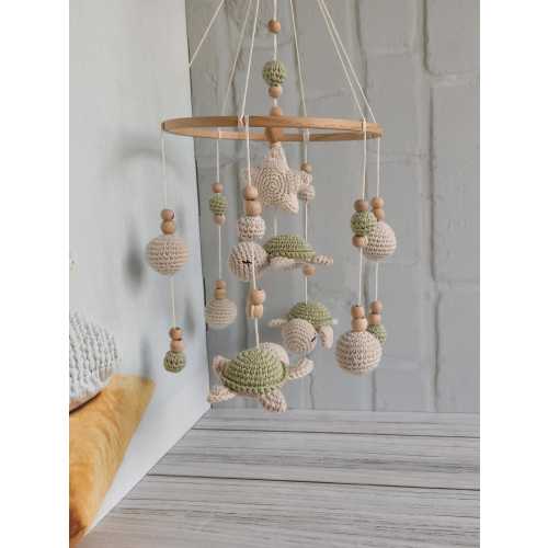 Crochet turtle baby mobile   literary boho  nursery decor with wooden beads  crib mobile