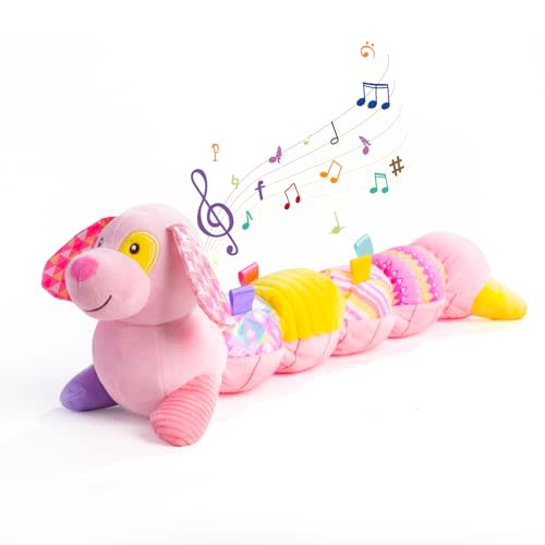 Koty Baby Toys - Pink Puppy Musical Stuffed Animal with Multi-Sensory Crinkle, Rattle and Textures for Tummy Time, 6-12 Months, Baby Boy or Girl Gift (Pink)