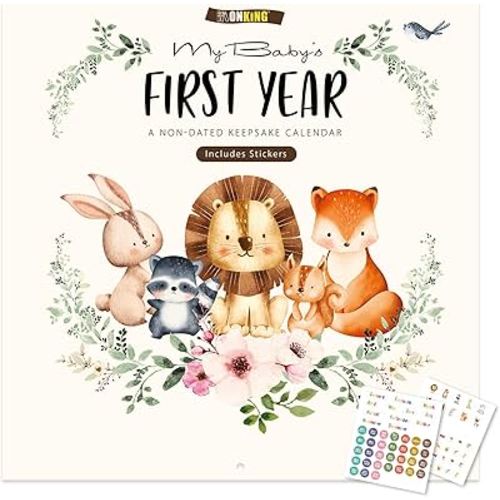 Baby's First Year Calendar with Stickers by Bright Day - 1st Year Tracker - Baby Memory Book for Girls to Document and Cherish Baby First Year Milestones,- Milestone Keepsake for Baby Boy with Pocket