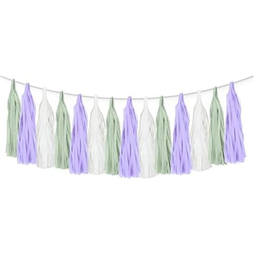 Dusty Sage Green Purple Lilac Lavender Party Decorations Paper Tassel Garland Banner Fringe Streamers Wildflower Fairy Birthday Baby Shower Wedding Bachelorette Tea Party Nursery Wall Hanging Décor