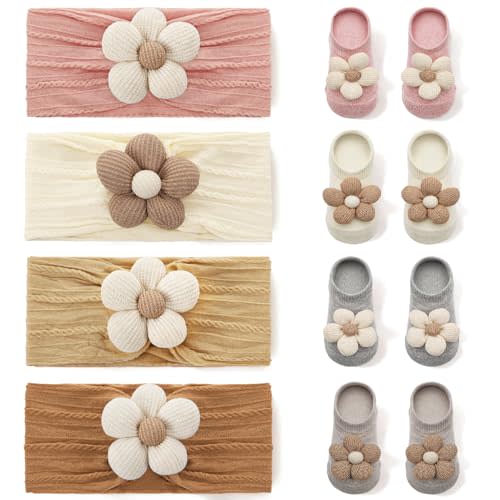 scenicamp 4 Pack Baby Girl Flower Headbands and Socks, Cute Floral Non-Slip Grippy Socks Soft Hairbands Hair Accessories for Newborn Infant Toddler