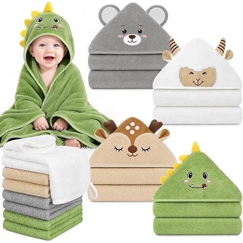 12 PCS Baby Bath Towels Set for Infants Toddlers Essentials (Deep Green, White, Grey, Brown)
