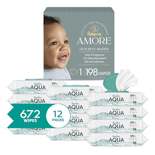 Bundle of Pampers Amore, Size 1 (8-14 lbs), 198 Count, Pampers Baby Wipes Aqua Pure, 99% Water-Based Wipes, Hypoallergenic and Unscented Baby Wipes, 672 Wipes Total (12 Flip-Top Packs)