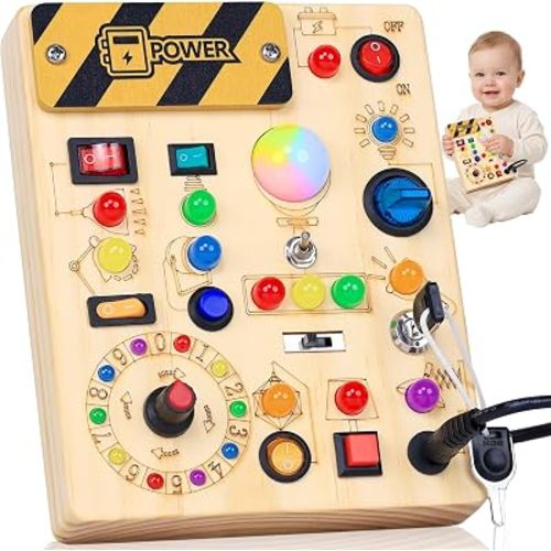 RichBoy Busy Board Montessori Sensory Toy, 37-in-1 Switch Board with 24 LED Lights, Birthday Gift for 1 2 3 Year Old Boys Girls, Safety for Toddlers Home Travel Essentials (6.7" X 5.3")