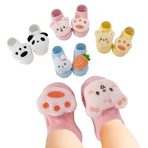 GJHJNSTG Newborn Baby Girl Socks with Animal Print Non-Slip Grips,Soft Cotton Toddler Ankle Socks Gift for Infants,4 Pairs