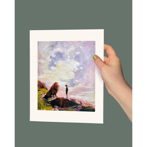 Aslan and Little Ed - The Chronicles of Narnia landscape cloud painting, wall art (8x10, 4x5)