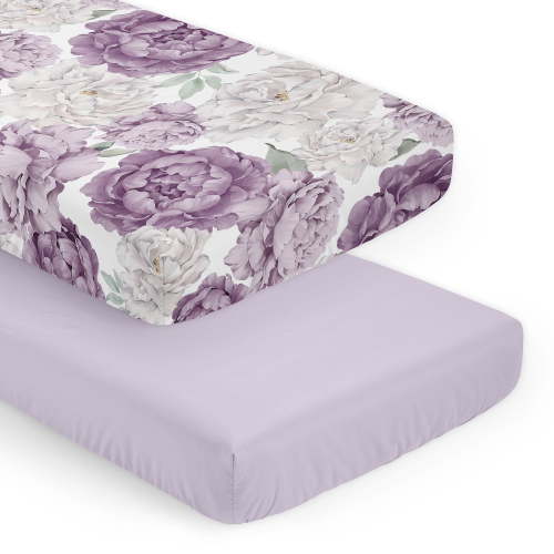 Sweet Jojo Designs Peony Floral Garden Purple Ivory and Green Fitted Crib Sheets 2 Piece Set
