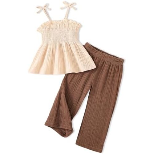 Doresbebe Toddler Baby Girl Clothes Sleeveless Summer Outfit Smocked Strap Camisole Linen Pants Prety Spring Clothing Set