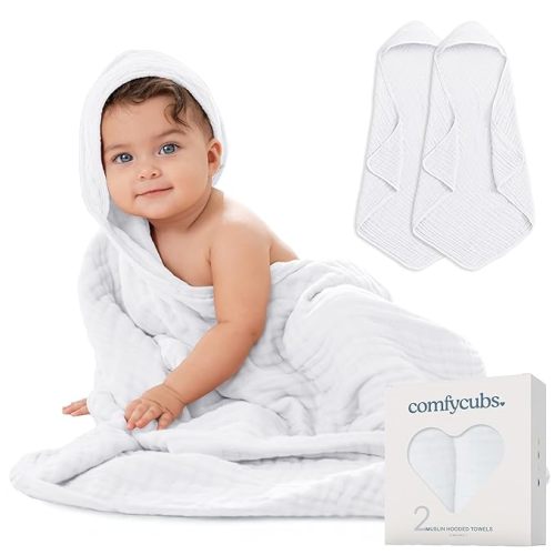 Comfy Cubs Hooded Baby Towel 2-Pack, Large 32 x 32 Inch - 6 Layer 100% Muslin Cotton for Babies, Toddlers and Kids - Soft & Absorbent Baby Bath Towels - Unisex Design for Bath Time - White