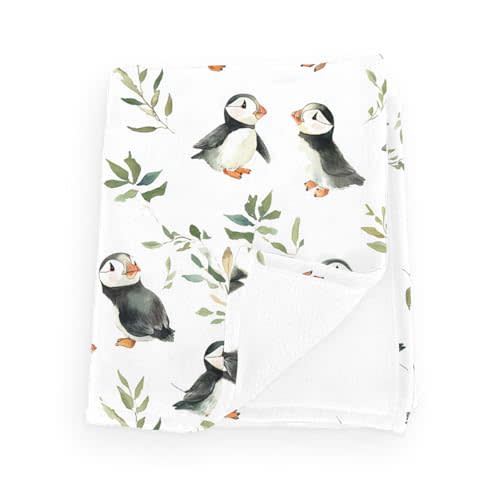 Watercolor Puffins Boho Leaves Baby Boy Girl Blankets Cute Bird Flannel Fluffy Blanket for Baby Infant Toddler Newborn Flying Birds Animals Blankets for Crib Stroller Bird 30x40inch