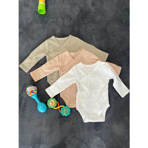 Set of 3 - Organic Cotton Baby Kimono Romper | Easy Wrap Bodysuit, Built-in Mittens