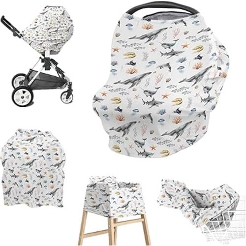 EyMzcod Baby Boys 5-in-1 Car Seat Covers Under Water Sea Animals, Ocean Creature Whale Fish Multi-use Privacy Nursing Breastfeeding Cover, Marine Life Carseat Canopy Carrier Newborn Infant Shower Gift