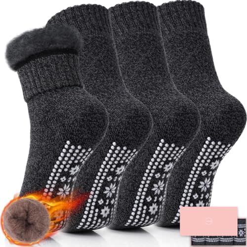 HUGSWEET Thermal Slipper Socks, Anti Slip Hospital Socks Women Winter Soft Warm Cozy Fluffy Plush Grip Socks 4 Pairs