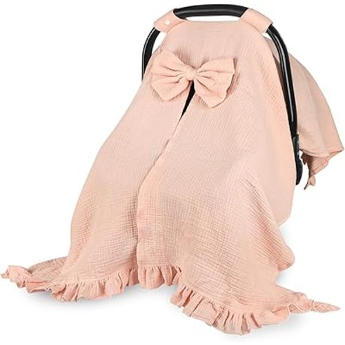 Hooyax Muslin Baby Girl Car Seat Cover – Breathable Summer Car Seat Canopy with Removable Bow & Ruffle, Multi-Functional Stroller Cover & Baby Blanket, Sun Protection, Princess Baby Shower Gift(Pink)