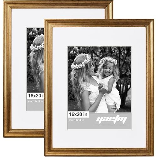 Yaetm 16x20 Picture Frame Matted to 11x14 Set of 2, 1.4” Wide Molding & Rustic Gold Poster Frames 16 x 20 for Wall Gallery, Home and Office, Wall Mount (2 pack, Gold)