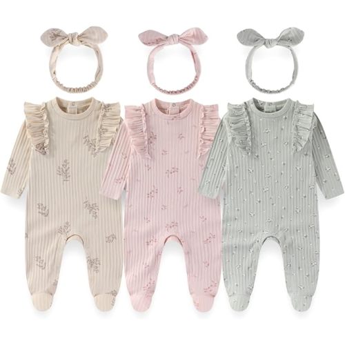 Baby Girls 3-Piece Cotton Floral Outfit Set with Headband Soft Infant Romper Newborn baby clothes