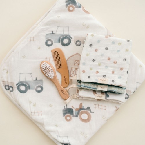Charlie Farmhouse Tractor Hooded Baby Bath Towel & Washcloth Set