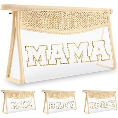 Boho Clear Makeup Letter Patch Makeup Bag MAMA Pouch, Clear Toiletry Bag Travel Small Cute Preppy Letter Cosmetic Zipper Purse, Transparent PVC Waterproof Diaper Bag Organizing Pouches for Women(MAMA)