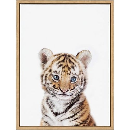 Kate and Laurel Baby Tiger Portrait Framed Canvas Wall Art by Amy Peterson, 18x24 Natural, Cute Baby Animal Home Decor