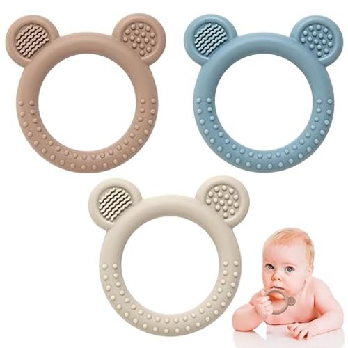 Teething Toys 3-6 Months, 3 Pack Silicone Teethers for Babies 6-12 Months, BPA Free Soft Textured Teething Relief Soothing Sore Gums Baby Essentials