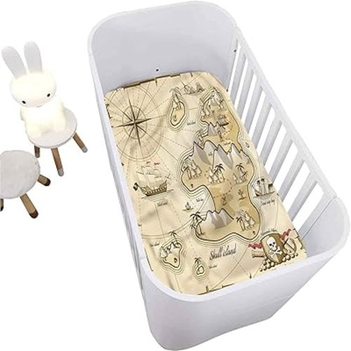 Pirate Crib Fitted Sheet,Map of Treasure Island Sea Decorative Microfiber Crib Sheet for Standard Crib and Toddler mattresses Nursery Bedding Sheet Crib Mattress Sheets for Boys Girls,28" x 52"