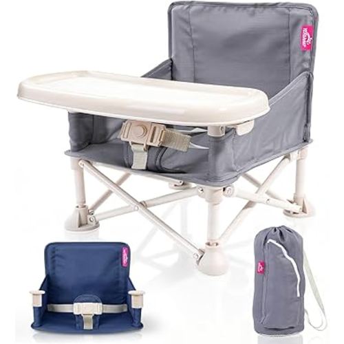 Portable Baby Chair, Baby Booster Seat with 2-Pack Seat Covers & Travel Bag for Camping & Baby Beach Chair | Toddler Folding Chair with Tray, Tip-Free Design, Straps to Kitchen Chairs