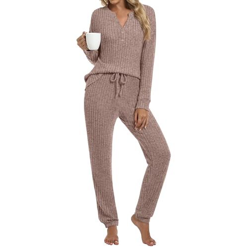 ANRABESS Womens Lounge Set 2025 Fall 2 Piece Outfit Long Sleeve Pajamas Sets Henley Top & Pants Loungewear Clothing