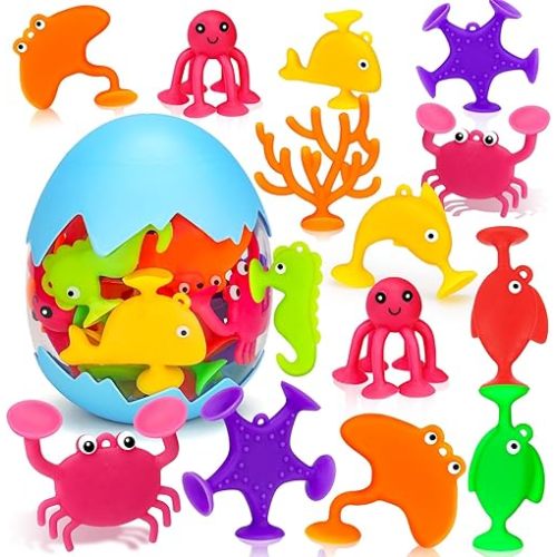 Toddler Suction Cup Bath Toys, Ocean Animal Bath Toys for Kids Ages 1-3 3-5 4-8 Mold Free Bathtub Window Building Travel Toys Valentines Gifts Easter Basket Stuffers for 2 3 4 5 Year Old Boys Girls