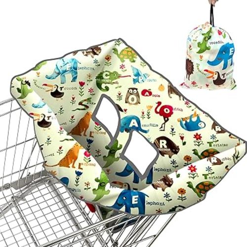 Shopping Cart Cover for Baby, High Chair Cover, Cart Cover for Babies, Kids& Toddlers, Portable 2-in-1 Design, Includes Free Carry Bag for Market and Resturant Use(Cute Zoo)