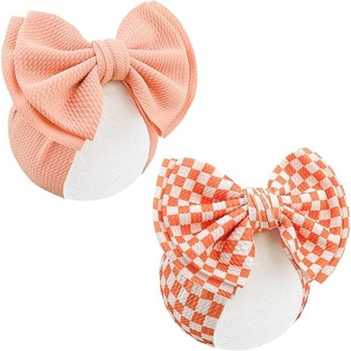 YanJie 2PCS 7’’ Orange Bows for Baby Girls Checkered Headband Double Layered Bow Infants Toddler Hair Accessories Newborn Headbands Baby Clothes