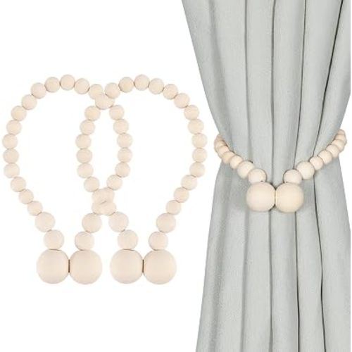 Magnetic Curtain Tiebacks, 2 Pack Wood Bead Curtain Holdbacks