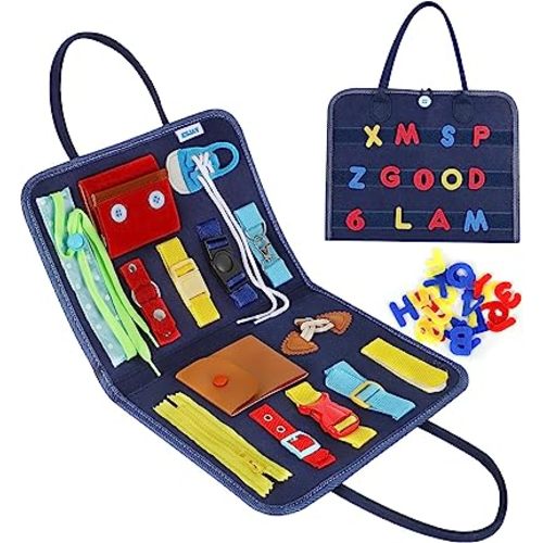 Esjay Toddler Busy Board, Sensory Board for Fine Motor Skill, Montessori Toys Educational Learning Toddler Activities for 3+ Year Old, Travel Car Airplane Toys Gifts for Boys Girls,Blue Alphabet