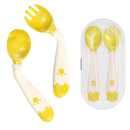 Deejoy Toddler Utensils, Self-feeding Flatware Set withTravel Case, Baby Spoons and Forks with Silicone Bendable Handle, Easy Grip Heat-Resistant, Ideal for Kids, Stage 2, Yellow