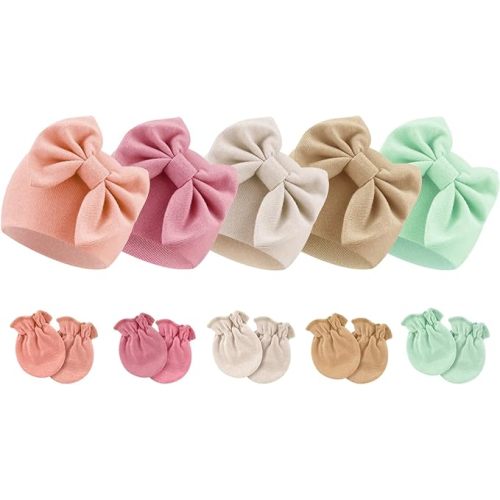 BQUBO Newborn Baby Girls Hats Mittens Set Hospital Hat Beanie Infant Bow Hats Baby Cotton Gloves for 0-6 Months